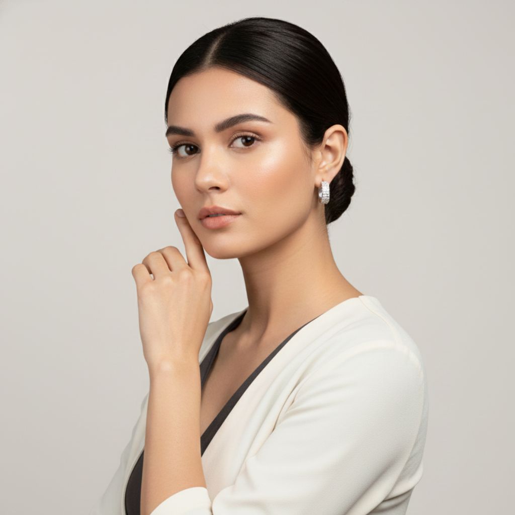 Abidii Luna Hoops – silver-tone pavé hoop earrings styled by a model, highlighting their minimal shape and cool shine.