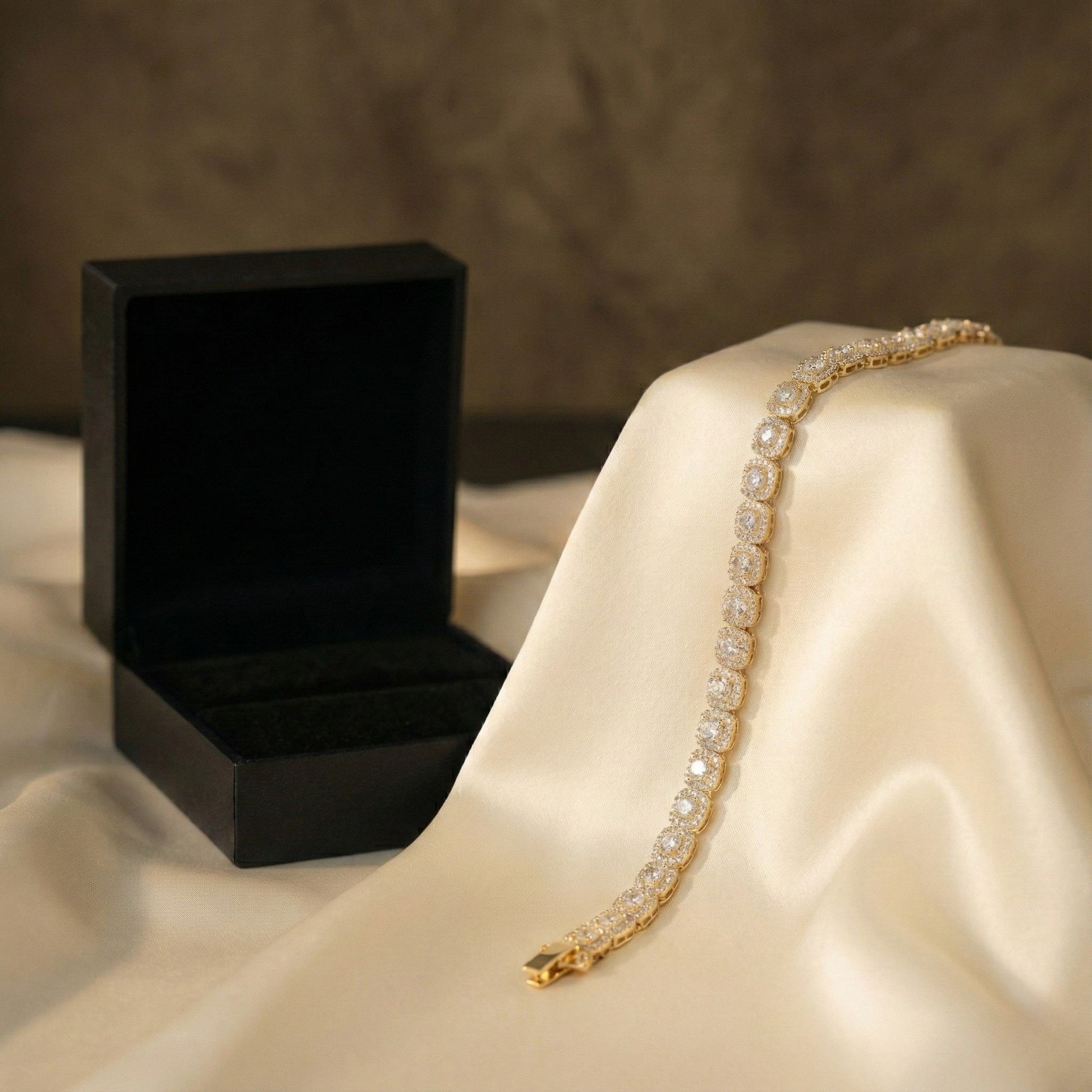 Crown Square cubic zircon bracelet laid beautifully on a velvet cloth