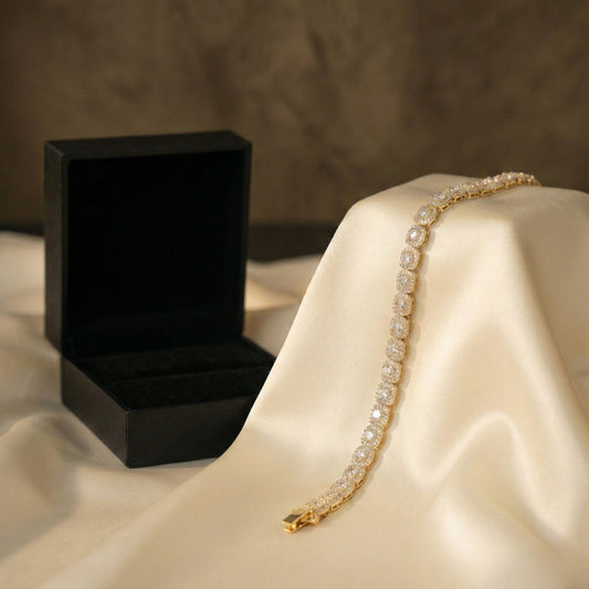 Crown Square cubic zircon bracelet laid beautifully on a velvet cloth