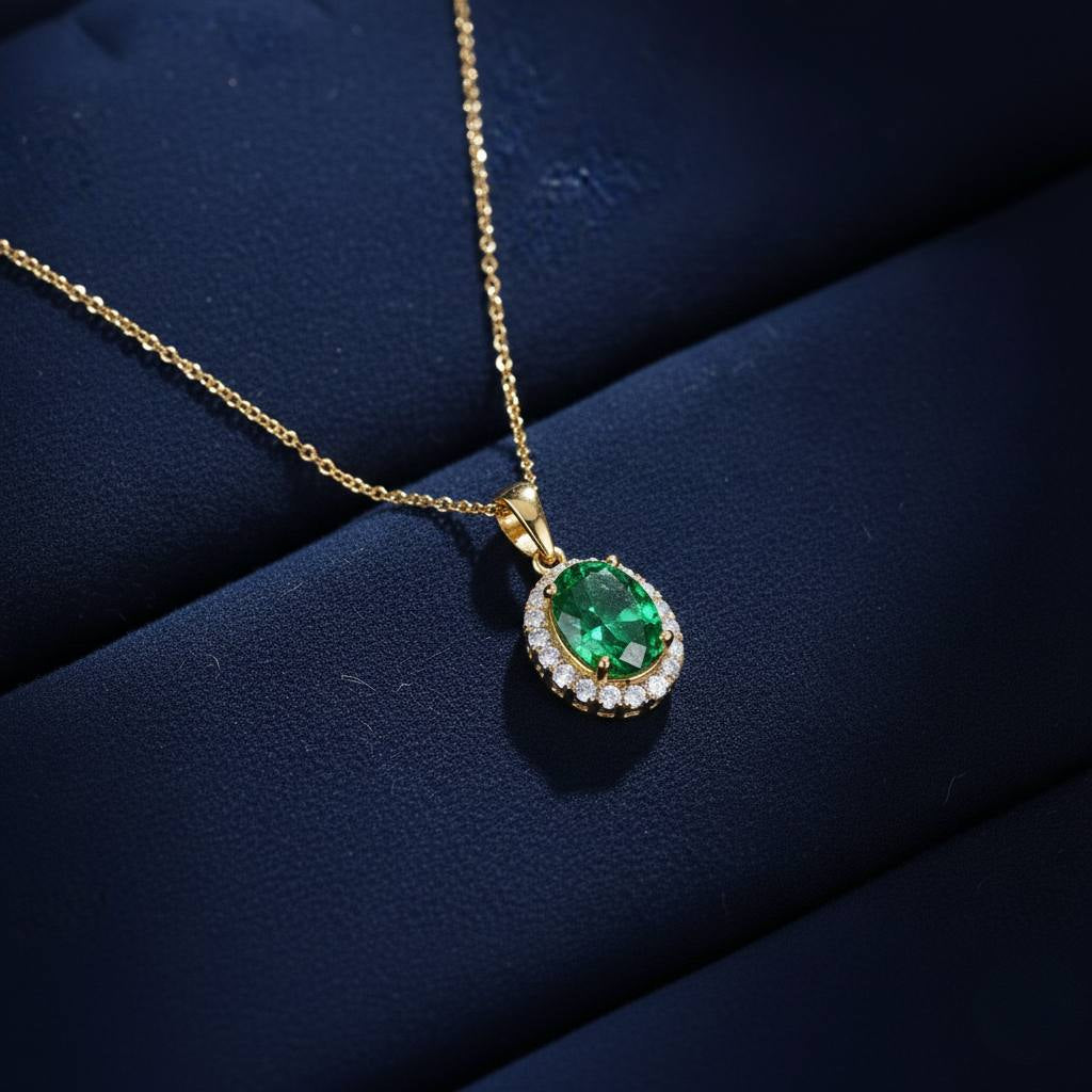 Abidii Eternity Set – oval halo pendant necklace with matching oval stud earrings displayed on a soft fabric surface, showing their timeless, luminous design.