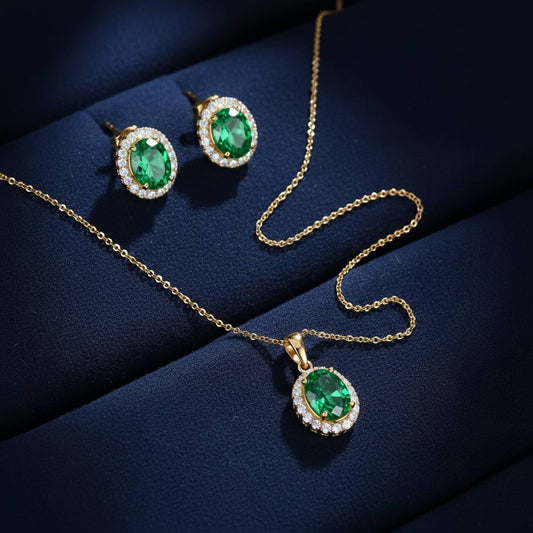 Abidii Eternity Set – oval halo pendant necklace with matching oval stud earrings displayed on a soft fabric surface, showing their timeless, luminous design.