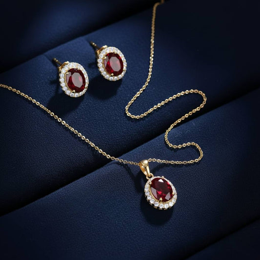 Abidii Eternity Set – oval halo pendant necklace with matching oval stud earrings displayed on a soft fabric surface, showing their timeless, luminous design.