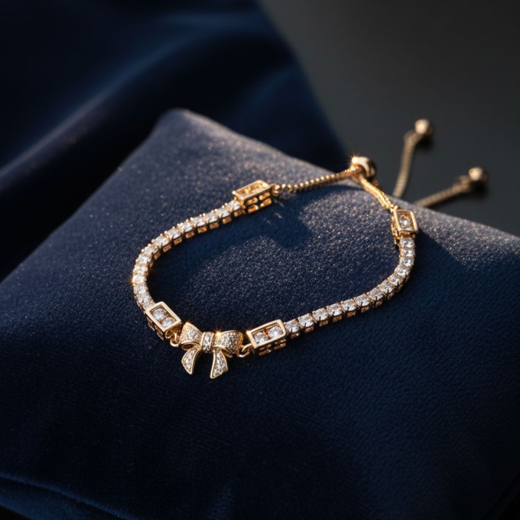 Abidii Loyalty Knot Bracelet – rose-gold-tone bracelet with pavé bow centre and slider closure, displayed on dark fabric in soft light.