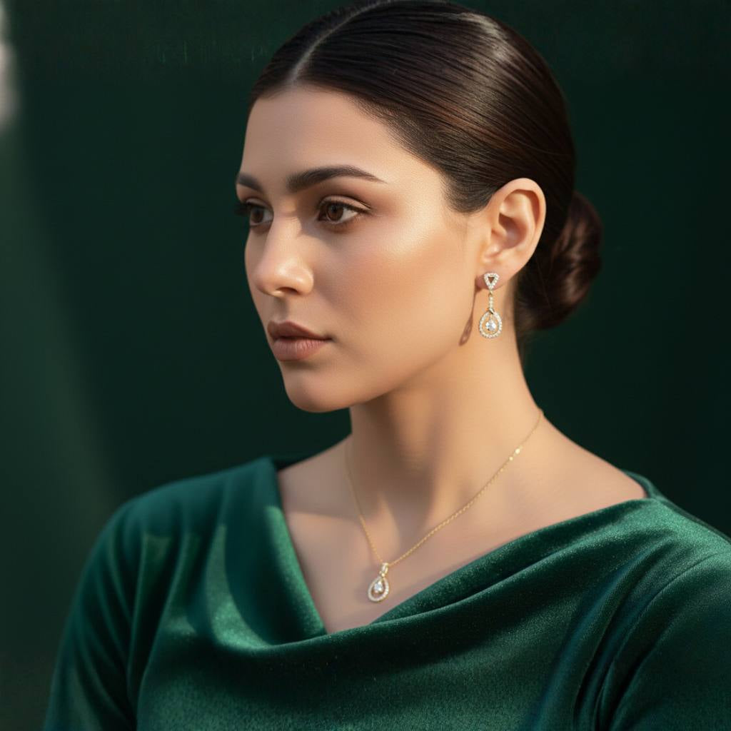 Abidii Zenith Set – teardrop halo pendant necklace with matching drop earrings worn by a beautiful model, showing their luminous stones and elegant, elongated design.